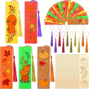 100 Pcs Fall Wood Bookmarks DIY Crafts Kit, 50 Set Color Your Own Blank Bookmarks with Tassel for Classroom Art Autumn Leaves Pumpkins for School Teachers Students Thanksgiving Reward
