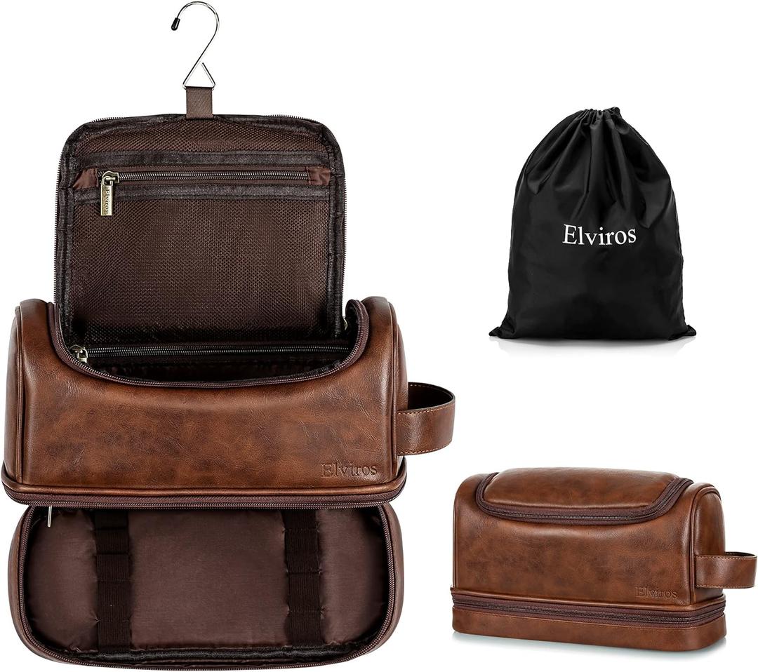 Elviros Toiletry Bag for Mens PU Leather Travel Organizer Kit with Hanging Hook, Large Water-resistant Toiletries Bathroom Shaving Bag, Gift For Men (Dark Brown)