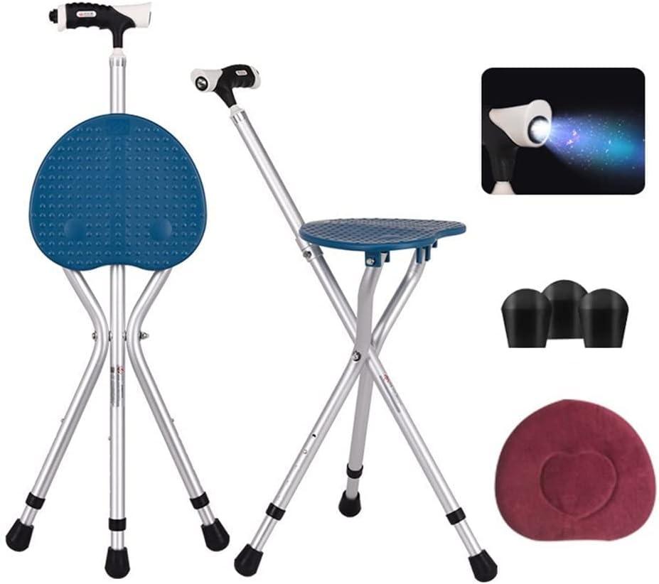 Folding Cane Seat Sturdy Lightweight Adjustable Handle Legs with LED Light Cushion for Elderly Walking Stick 300 lbs Large Plate (A-Classic-Blue)