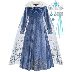 Luzlen Winter Snow Princess Costume for Girls Halloween Birthday Cosplay Dress with Cape Accessories Blue, 4-5 Years(Label 120)