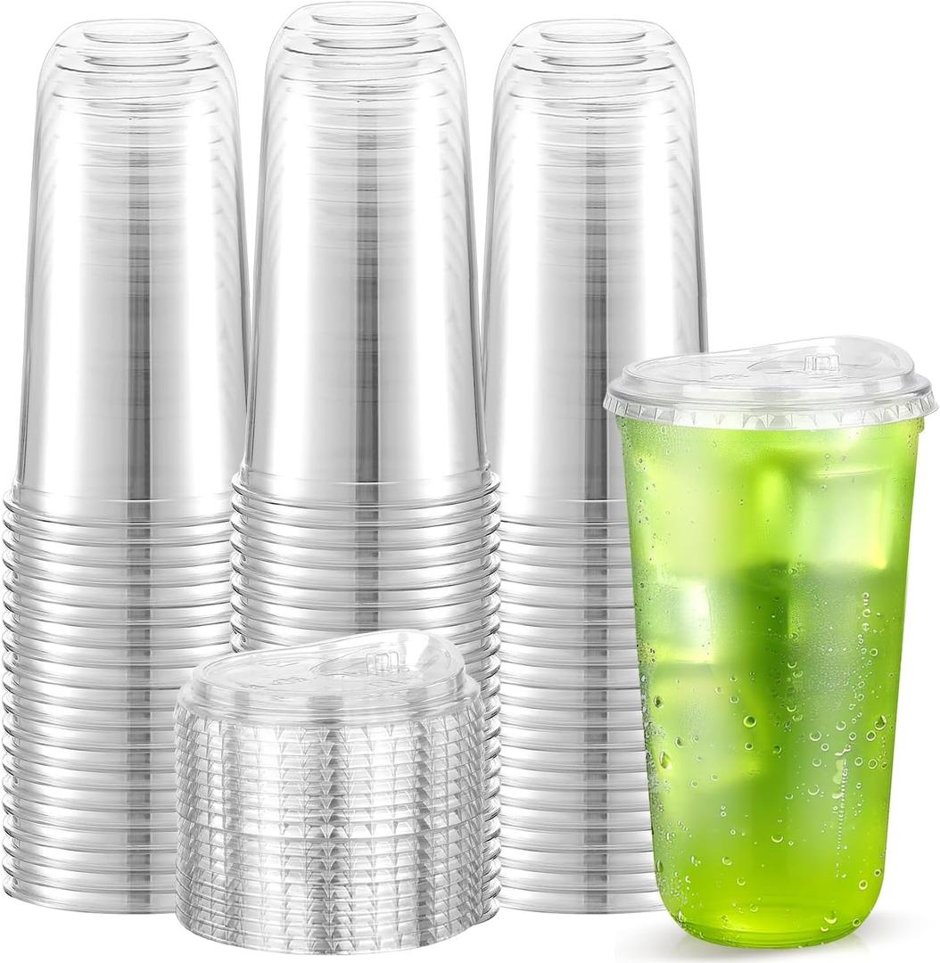 [50 Pack] 20 Oz Clear Plastic Cups with Lids, Disposable Strawless Coffee Iced Drink Cup Cold Beverage To Go Cups for Iced Coffee, Smoothies, Juice, Tea, Water, Party Use