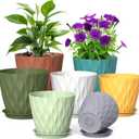 Meowell 7/6.5/6/5.5/5/4.5/4 inch Plant Pots for Indoor Outdoor Plants, 7 Pack Thick Flower Pots with Drainage Holes and Saucers, Modern Wave Texture Small Plastic Planters Nursery Pots, Multicolor, 7+6.5+6+5.5+5+4.5+4 in 7 set
