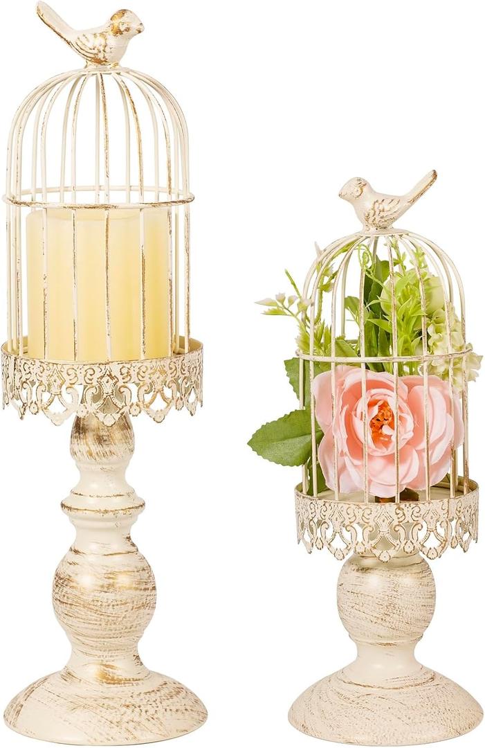 Pack of 2-Piece Birdcage Candle Holder, Vintage Candle Stick Holders, Wedding Candle Centerpieces for Tables, Iron Candlestick Holder Home Decor (Ivory-1)