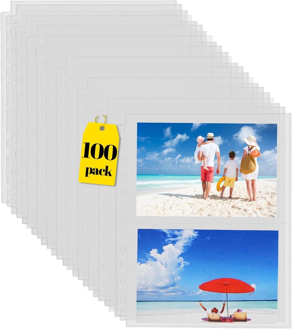 Sooez 100 Pack Heavy Duty Photos or Postcards Page Protectors, Plastic Clear Photo Holder Sleeves for 3 Ring Binder, Two 5'' x 7'' Pockets Per Page, Load from Top Perfect for Checking & Organizing