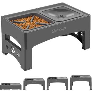 Elevated Slow Feeder Dog Bowls with No Spill Water Bowl, Raised Bowl for Large Medium Small Dogs, Food Stand Splash Guard, 4 Heights 3.7'', 8.5'', 10.1'', 11.7'', Grey (GW03)