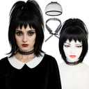 Black Ponytail Wig with Chocker, Black Straight Wig Goth Wigs with Detachable Ponytail+ Cap for Halloween Costume Party Movie Cosplay