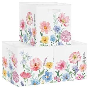 Clastyle Flowers Women Storage Cube Organizer Set Foldable Closet Clothes Cube Storage Bin Nursery Toddler Toy Box Chest Lady Girls Book Shelf Basket, Watercolour, 11.8x11.8x11.8 in