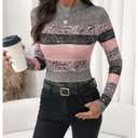 RoseSeek Women's Striped Color Block T Shirts Mock Neck Long Sleeve Elegant Fall Tops Multicolor Large