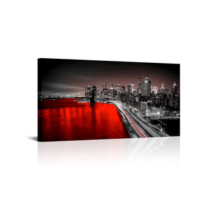 LevvArts Large New York City Wall Art Brooklyn Bridge Night View Picture Canvas Print Black and Red City Poster Painting Modern Home Office Living Room Decoration 24"x48" (Red)
