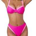 SUUKSESS Women Color Block Underwire Bikini Sets Cheeky High Cut 2 Piece Swimsuit Sweetheart V Neck Push Up Bathing Suit(Pink Color Block, S)