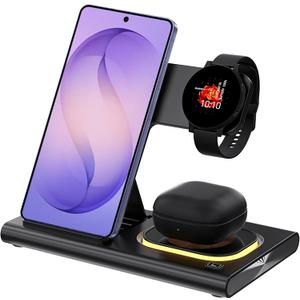 3 in 1 Wireless Charger for Samsung Charging Station Android Phone Multiple Devices LED Light Folding Dock Charger Stand for Samsung Galaxy S26 Ultra S25 S24 S23 S22 S21 Note 20 Watch 8/7/6 Earbuds (Black)