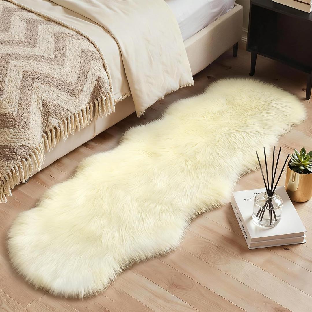 GENIMO 2x6 Fluffy Faux Fur Rug Runner, Ultra Soft Shaggy Sheepskin Rug, Area Rugs for Bedroom, Living Room, Home Office, Cream
