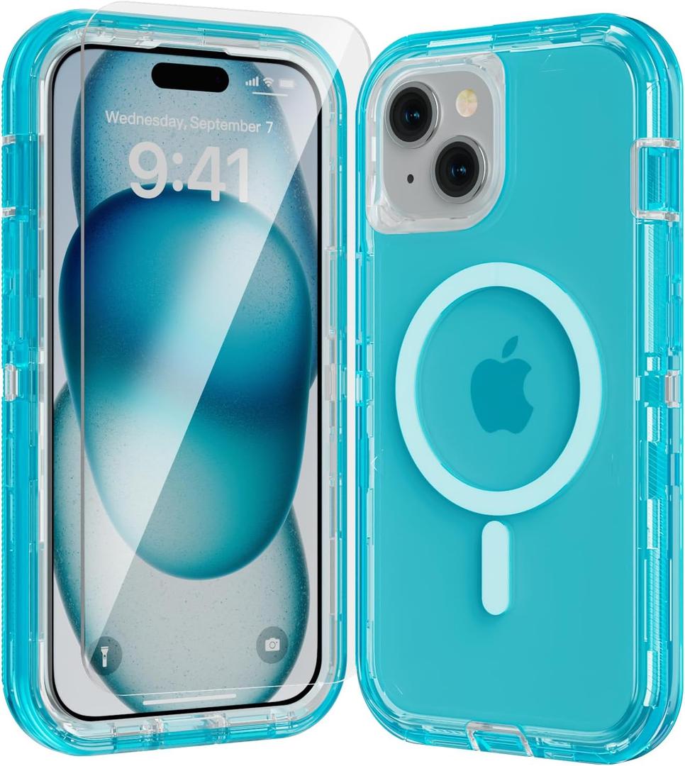 for iPhone 14 Case, Fits Magsafe,Heavy Duty Shockproof Protection Phone Cases with Screen Protector*1, Magnetic Transparent Protective Cover for iPhone 14 6.1 '', Blue