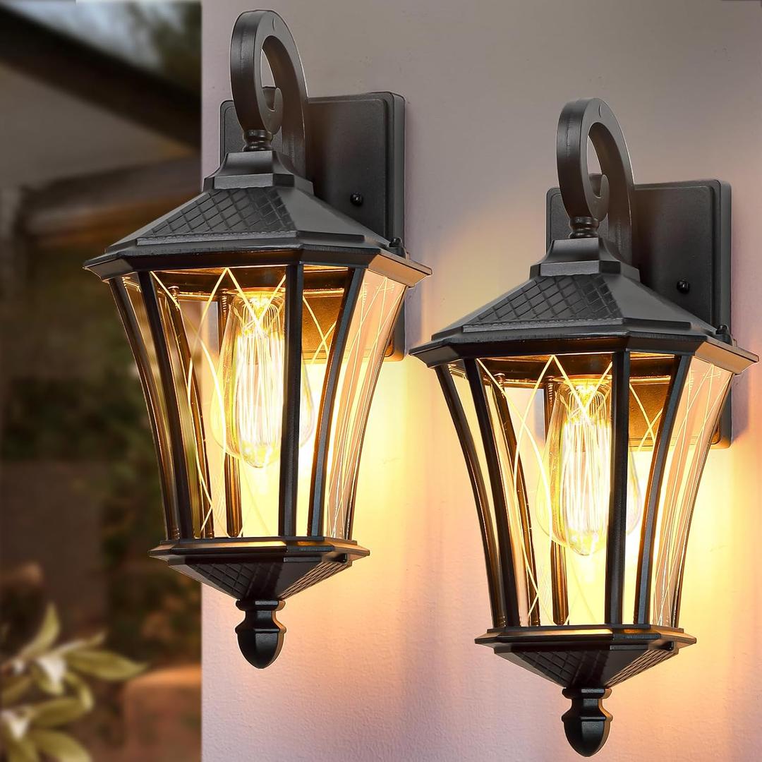 YSN 16'' Outdoor Wall Lights 2 Packs, Black Exterior Lighting Fixture Outdoor Sconce Lights, Waterproof Outside Lights for House with E26 Socket, Outdoor Lanterns for Porch, Garage, Farmhouse