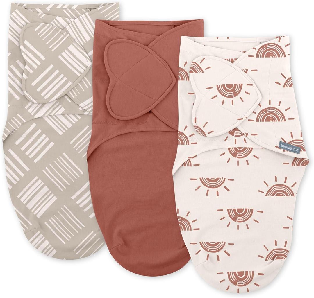 SwaddleMe by Ingenuity Monogram Collection Baby Swaddle, 100% Cotton, Improves Sleep & Calms Startle Reflex, 0-3 Months, Pocket Fold Design for Easy Changes, 1.0 TOG, 3-Pack - Rising Sun