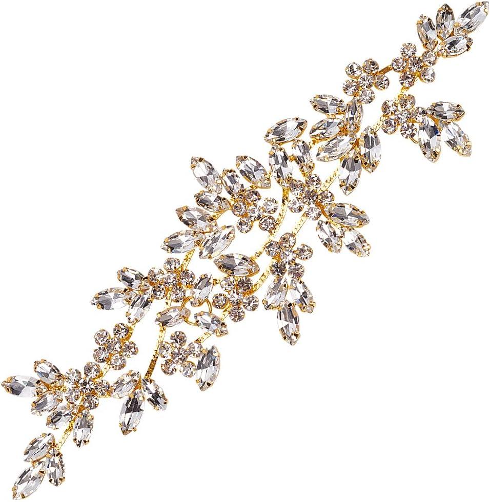 FINGERINSPIRE Rhinestone Applique Golden Sewing Applique 8.67x2.56x0.2inch Crystal Color Wedding Craft Rhinestone Applique Flower Leaves Rhinestone Applique for Wedding Dress Bridal Belt Decor