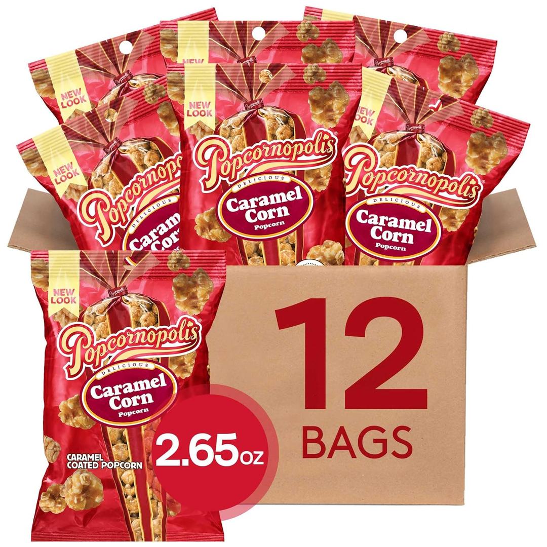 Popcornopolis Gourmet Popcorn, Caramel Corn, Sweet Snack, 12-Pack Snack Bags, Bulk & Single Serve, Non-GMO, Gluten-Free, Best Before 06/18/2026