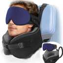 YFONG Travel Pillow for Long Flight Airplanes, Head Strap Combo with 3D Contoured Eye Mask for Sleep, Neck Pillow for Car Trip Essential, 360 Support Memory Foam Headrest, Prevent Bobbing, Blue