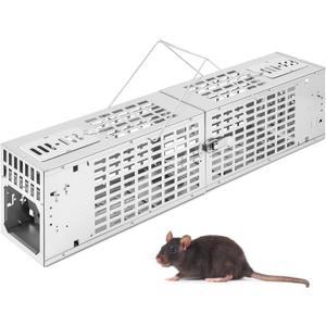 Qualirey 2 in 1 Humane Rat Trap Live Chipmunk Cage 24 x 4.3 x 6.3 in Double Opening Door for Indoor Outdoor Rodent Control Mouse Vole Hamsters Live Cage Reusable Automatic Continuous Cycle Mouse Trap