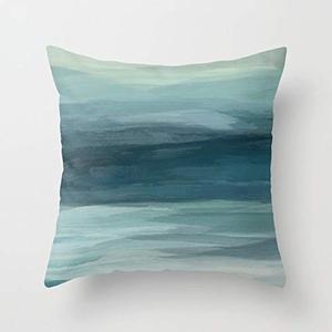 FJTP Seafoam Green Mint Navy Blue Abstract Ocean Art Painting Flax Cotton Hidden Zipper Throw Pillow Covers 20x20 in (Two Sides)