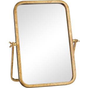 Vintage Makeup Desk Mirror, 12" L x 7.9" W Antique Gold Vanity Table Mirror, Metal Framed Rectangular Small Standing Mirrors, 360 Adjustable Rotation Mirrors for Tabletop, Bathroom