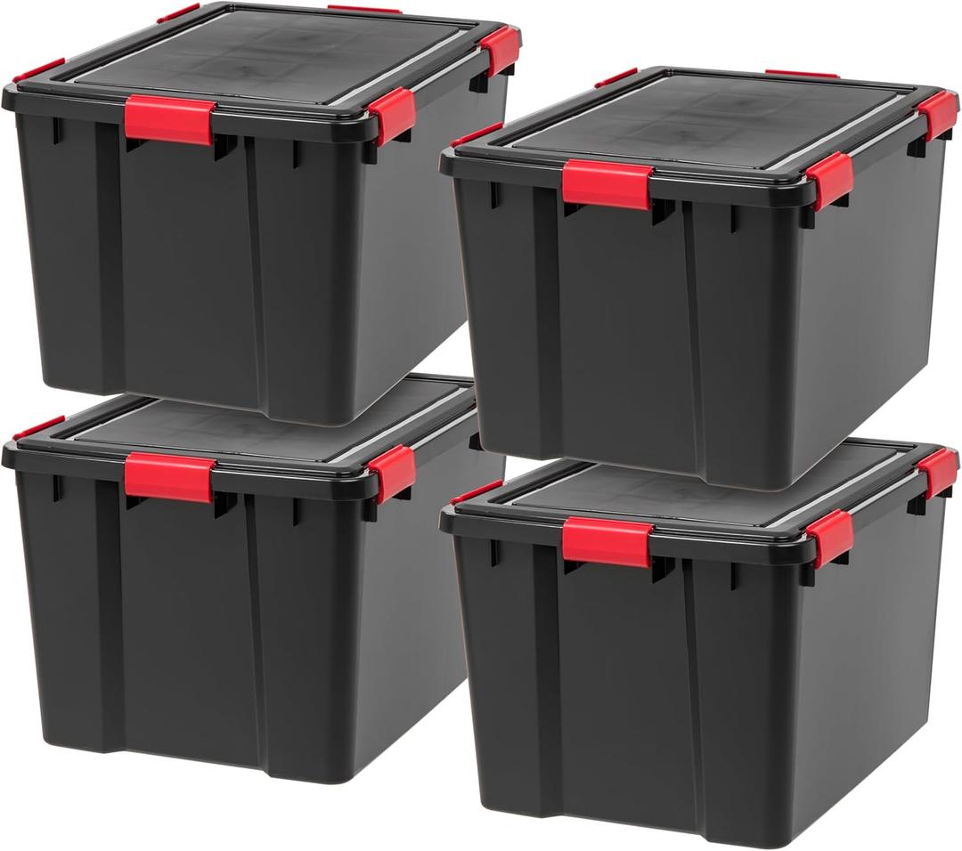 IRIS USA WeatherPro 74 Qt Storage Bins with Lids, 4 Pack, BPA-Free Plastic Gasket Box with Tight Latch and Seal, Stackable Nestable Tote Tub - Black/Red