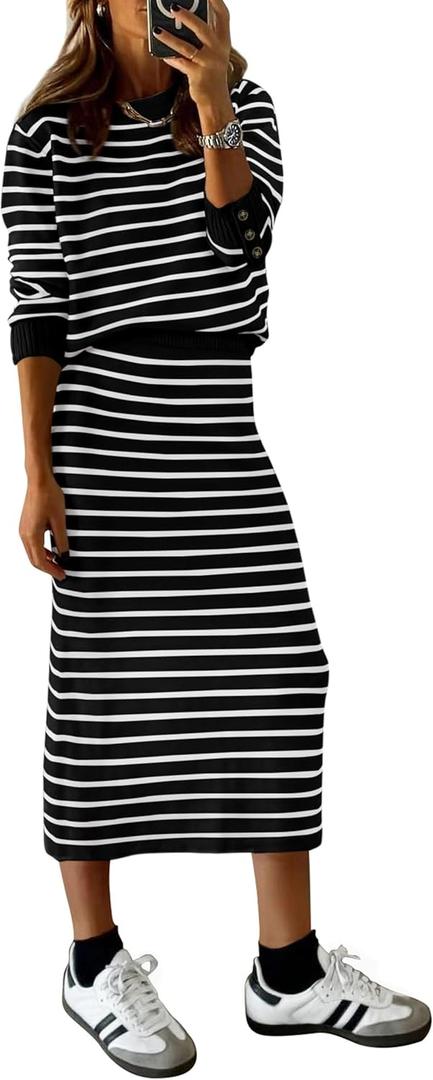 PRETTYGARDEN 2 Piece Skirts Sets for Women Fall Fashion 2026 Striped Sweater Dress Knit Lounge Travel Outfits Winter Clothing (Black)