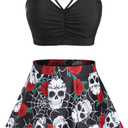 Rosegal Women Plus Size Gothic Tankini Swimsuit Rose Skulls Printed Ruched Two Piece Bathing Suits (Black), Size: Medium Plus