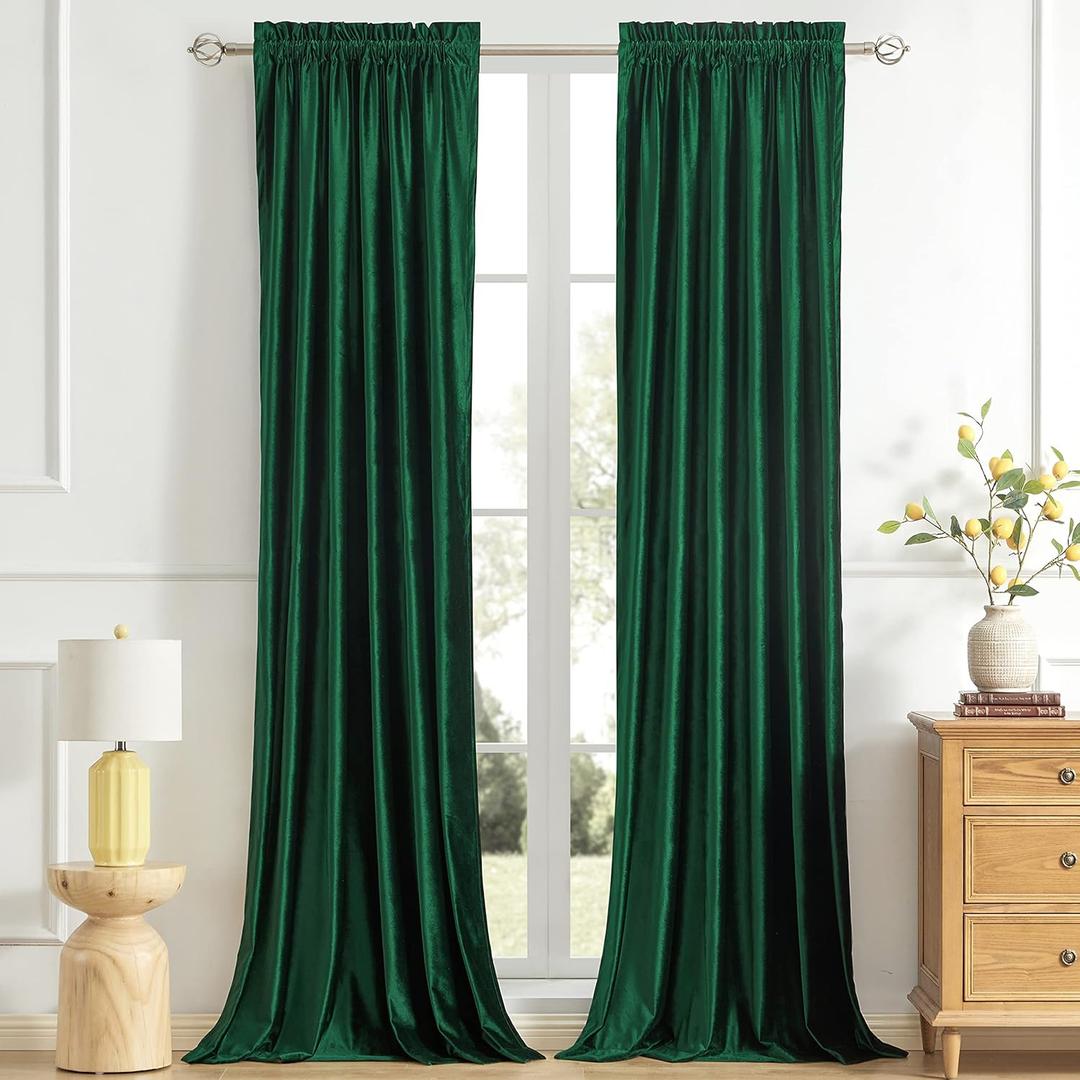 PRIMROSE Emerald Green Curtains 90 inch for Living Room Velvet Blackout Rod Pocket Window Drapes Treatment Room Darkening Decor Curtains for Bedroom Set of 2 Panels