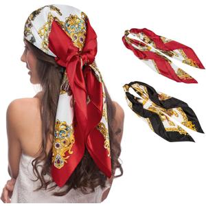 Senker Fashion 35" Head Scarf for Women, Pirate Costume Accessories Silk Red Bandana for Hair Wrapping and Sleeping (Black Wine Red)