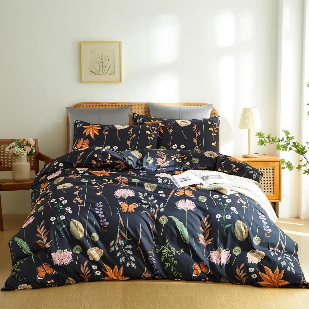 Floral Duvet Cover Set Twin, Black Duvet Cover with Aesthetic Pink Floral Colorful Botanical Yellow Butterfly Printed Bedding Set 3 Pcs Soft Microfiber Comforter Cover with Zipper Ties