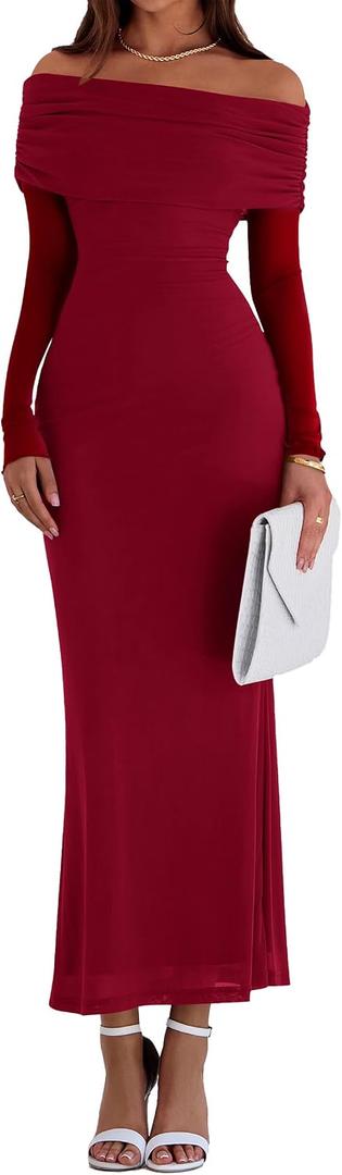 PRETTYGARDEN Fall Dresses for Women 2025 Elegant Off The Shoulder Long Sleeve Formal Wedding Guest Bodycon Maxi Dress(Wine Red,Large)