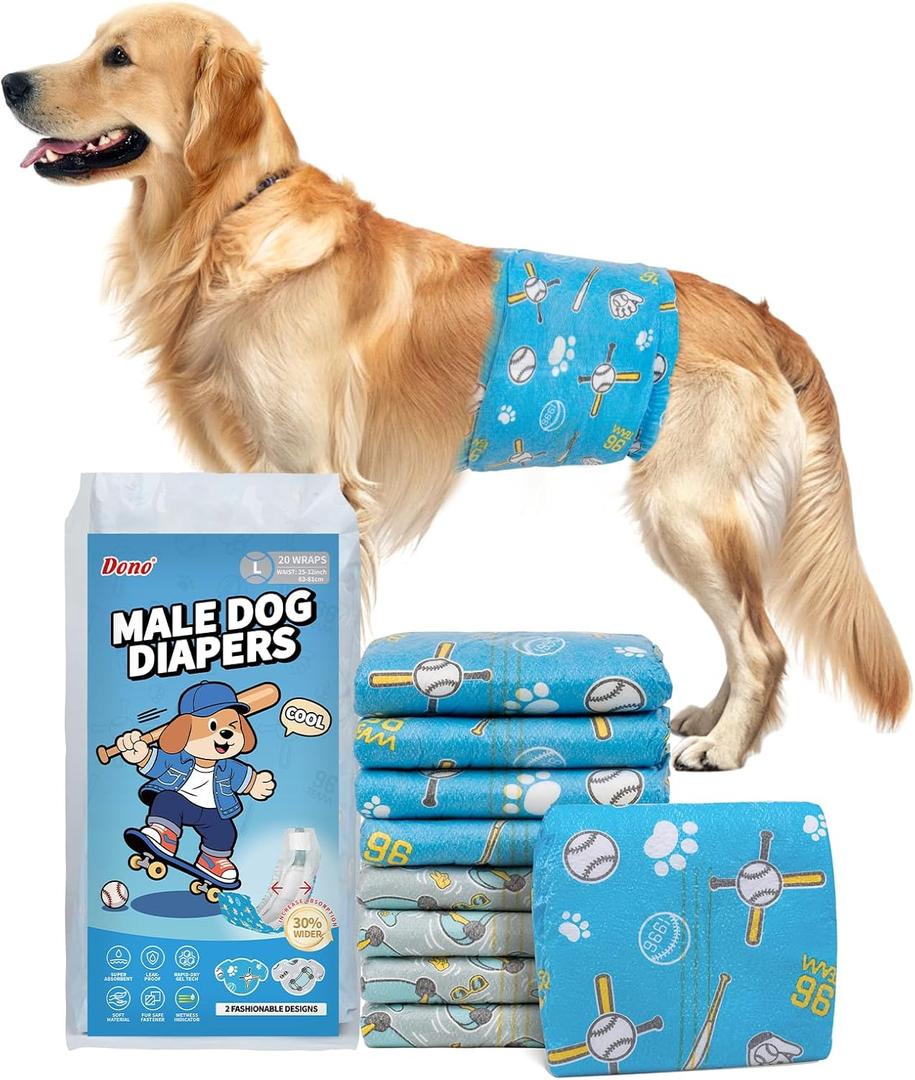 Dono Dog Diapers Male 40ct, Widened Disposable Male Dog Wraps, Super Absorbent Doggie Belly Bands with Wetness Indicator, Leak-Proof Puppy Pampers for Incontinence Excitable Urination, Large (Large (25-32inch))
