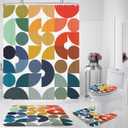 zokyer Kids Shower Curtain Set Colorful Rainbow Mid Century Retro Polka Dot Orange Fun Geometric Blue Abstract Bright Bathroom Decor with Non-Slip Rugs Toilet Lid Cover U Shape Mat 12 Hooks (60Wx72L)
