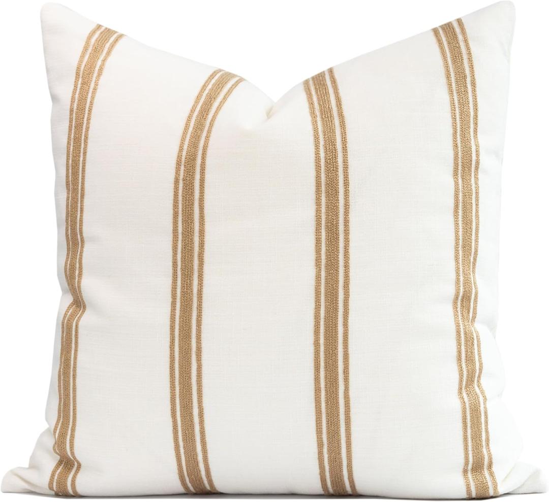 Crumbs Home Modern Farmhouse Fall Linen Indoor Outdoor Throw Pillow Cover Only, 20"x20" Water Repellent for Patio, Backyard, Couch, Neutral Ivory Cream Embroidered Stripes