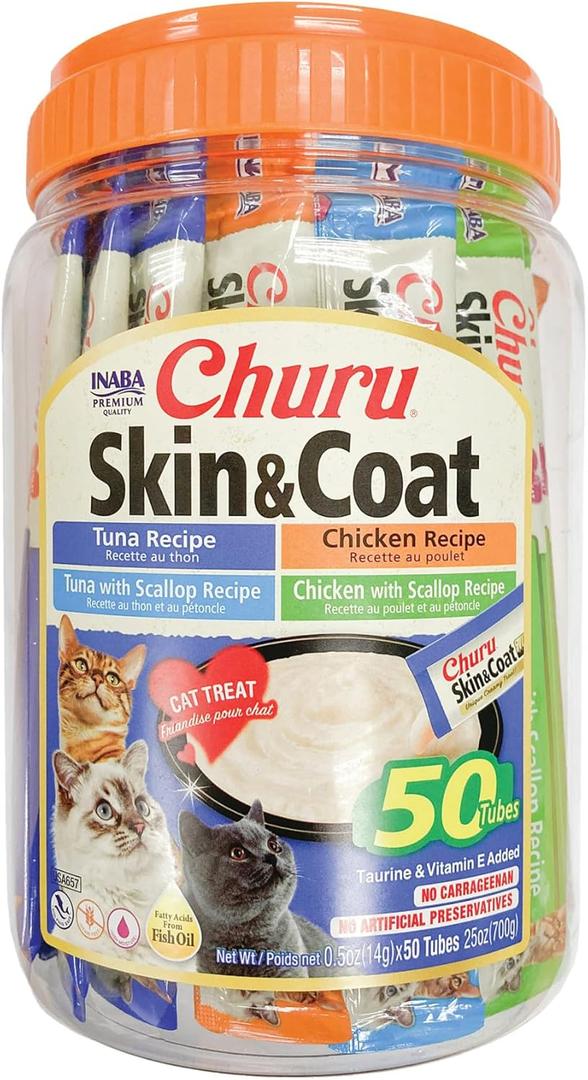 INABA Churu Lickable Purée Natural Cat Treats for Skin and Coat with Omega Oils, Taurine and Vitamin E, 0.5 Ounces Each Tube, 50 Tubes, Skin & Coat Variety, Best By: 11/04/2026