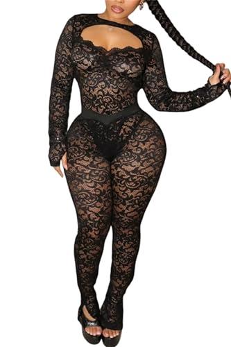 CALEBGAR Sexy 1 Piece Outfits for Women Lace See Through Long Sleeve Backless Bodysuits Bodycon Set Club Jumpsuit Size S