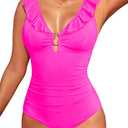 Women's One Piece Swimsuit Tummy Control Ruffle V Neck Bathing Suit Sexy Ring Detail Keyhole Cutout Swimwear 2026 (Pink) M