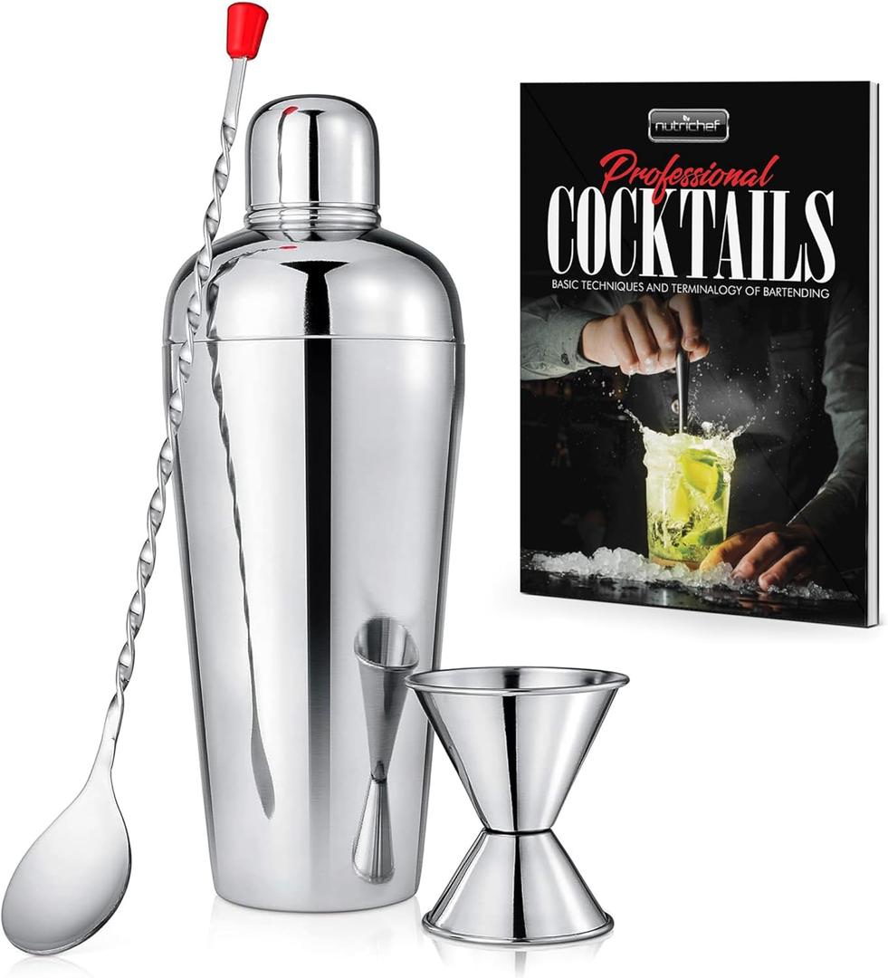 NutriChef 3 Piece Bartender Set, Professional Margarita Mixer & Cocktail Shaker Set Includes Cocktail Shaker, Jigger & Bar Spoon, Bartender Martini Mixology Barware, Perfect for Homes & Bars