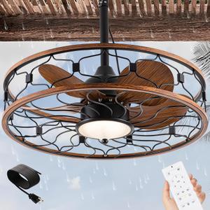 24 inch Outdoor Ceiling Fans For Patios Waterproof, Plug In Gazebo Fan Outdoor Hanging With Hook, 3 Color Light Remote Control, Strong 6 Speed,Wet Rated For Outside Porch, Pergola, Garage (Dark Walnut)