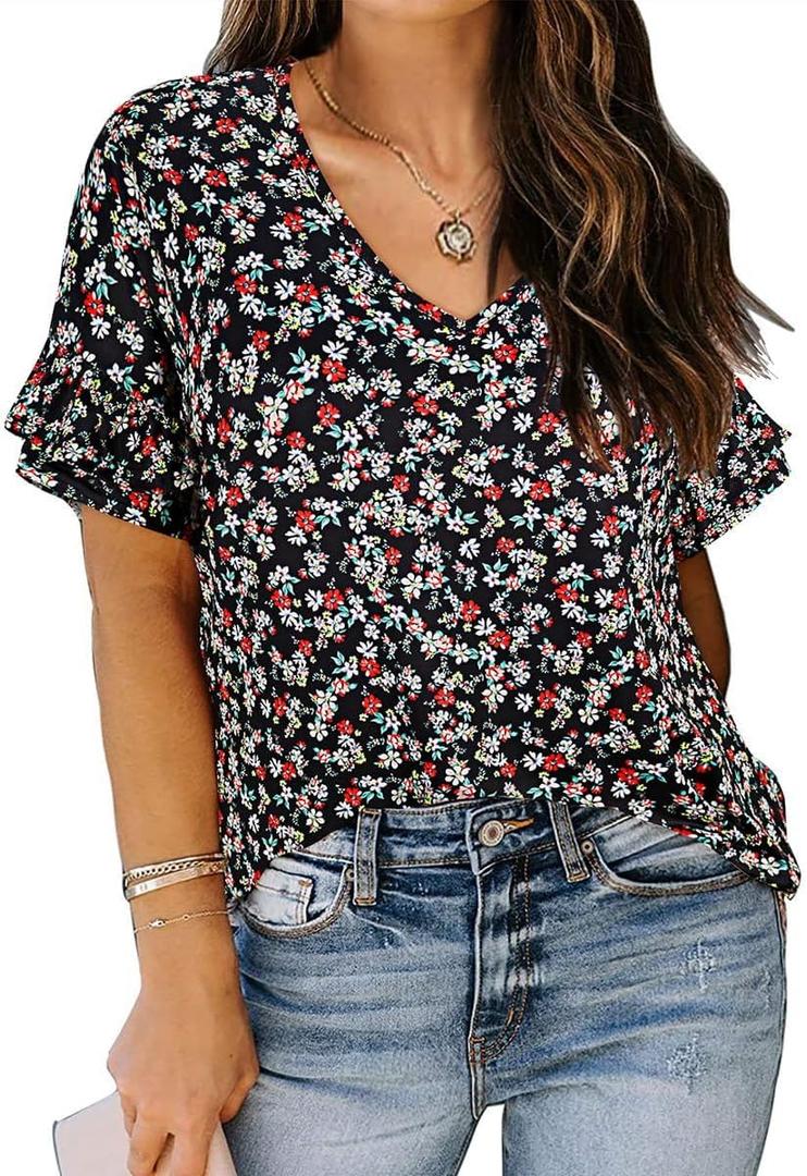 TIYOMI Plus Size Tops for Women Ruffle Shirts Button Short Sleeve Summer V Neck Tunics XL-5XL (Black, XL)