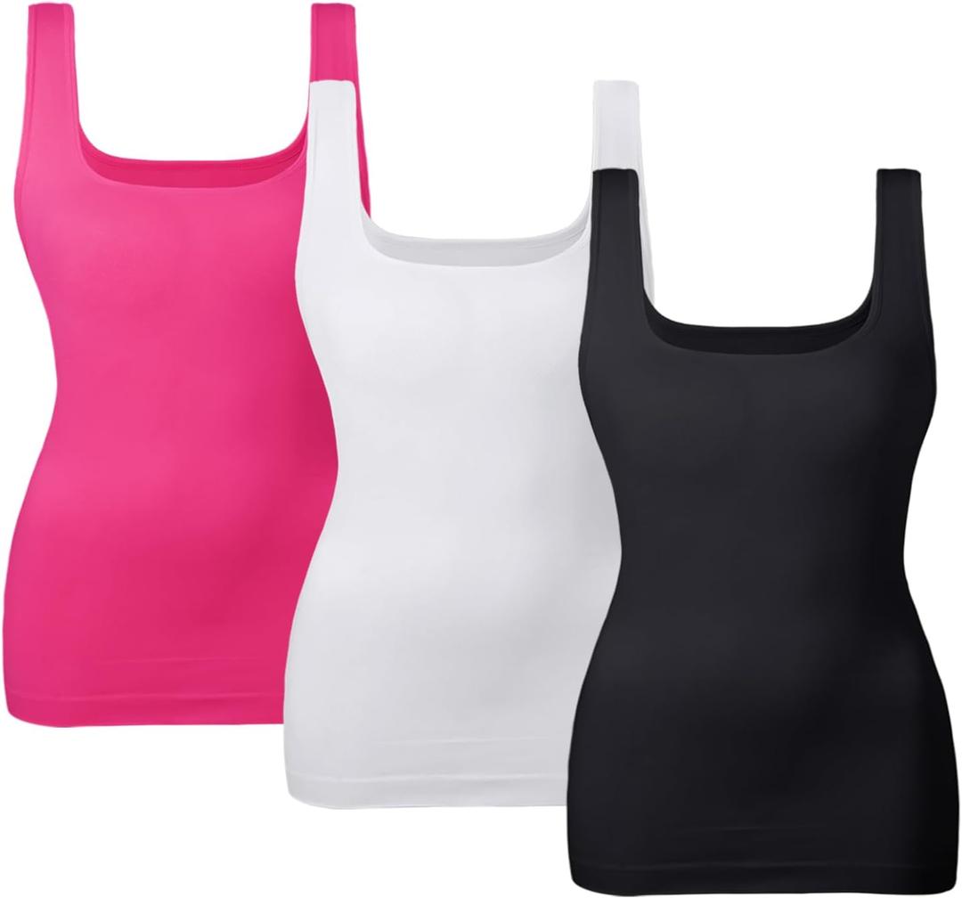 EUYZOU Women's Tummy Control Shapewear Tank Tops Seamless Square Neck Compression Tops Slimming Body Shaper Camisole (Black/White/Rose 3pk) Small