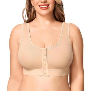 BRABIC Full Coverage Wireless Bras for Women No Underwire Compression Front Closure Comfort Post Surgery Bra (Small, Beige)