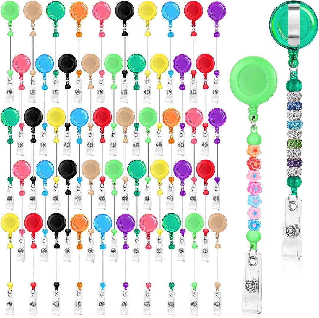 50pcs Beadable Badge Reels, Retractable Badge Reel with Belt Clip Beadable Items for Nurses Teachers Students Office Worker