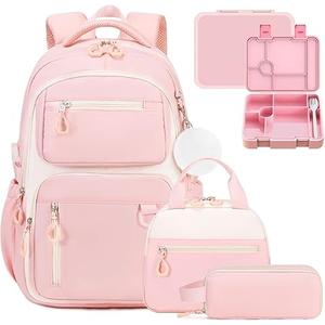 Bevalsa School Backpack for Girls, Bookpack with Bento Lunch Box, Insulated Bag & Utensils, 43oz Lunch Containers with 6 Compartment Schoolbag Set for Kids Elementary Middle Student (Pink) Bevalsa School Backpack for Girls, Bookpack with Bento Lunch Box, Insulated Bag & Utensils, 43oz Lunch Containers with 6 Compartment Schoolbag Set for Kids Elementary Middle Student (Pink)