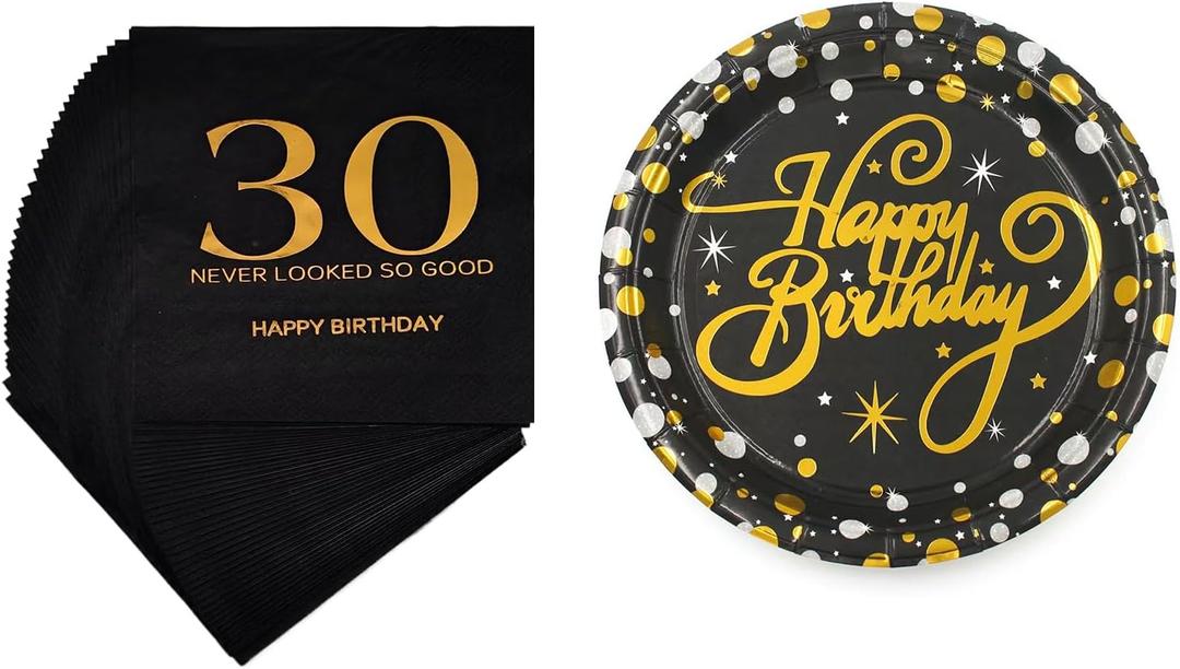 30th Birthday Party Tableware Napkins and Plates Set,30thTheme Party Decorations for Men Women Birthday Party Favors Service 20 (Gold)