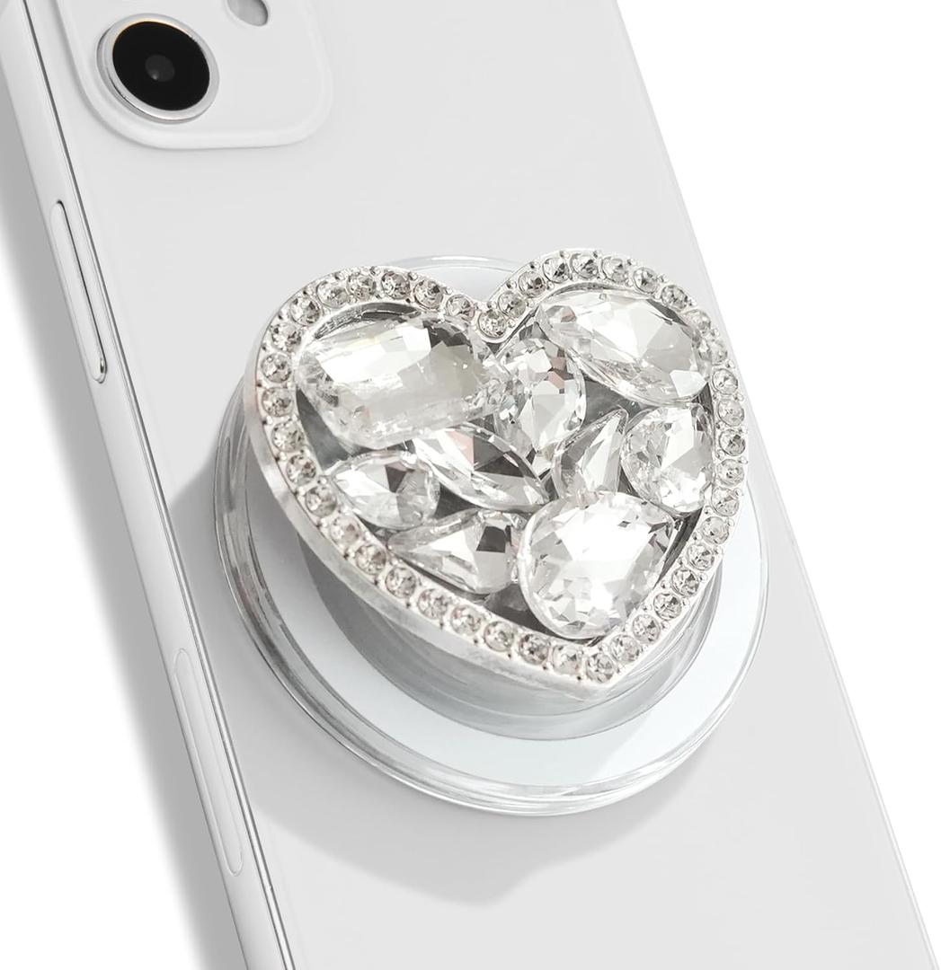 OnTheGrip Compatible with Magsafe Cute Cubic Diamond Heart Shape Design Collapsible Mobile Phone Grip Stand Holder for Smartphone Tablet Cell Phone Accessory (Silver Small)