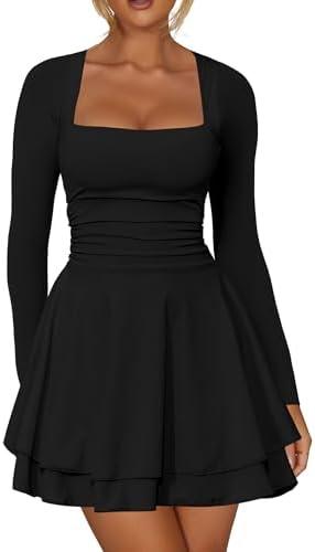 Kaximil Women's Square Neck Ruffle Hem Mini Dress Ruched Waist Long Sleeve Corset Short Party Dresses, Medium