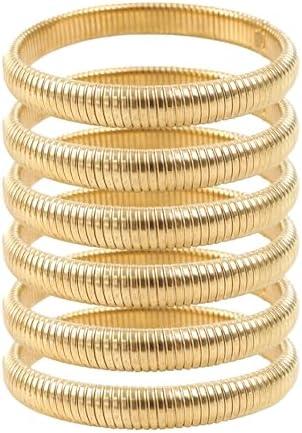 Xyulaan 6 Pcs Gold Bangle Bracelets for Women, Chunky Stack Gold Plated Stretch Bracelet Jewelry Non-Tarnish, Flexible Trendy Designer Look Alike Jewelry Wristband Link Chain Cuff Bracelets