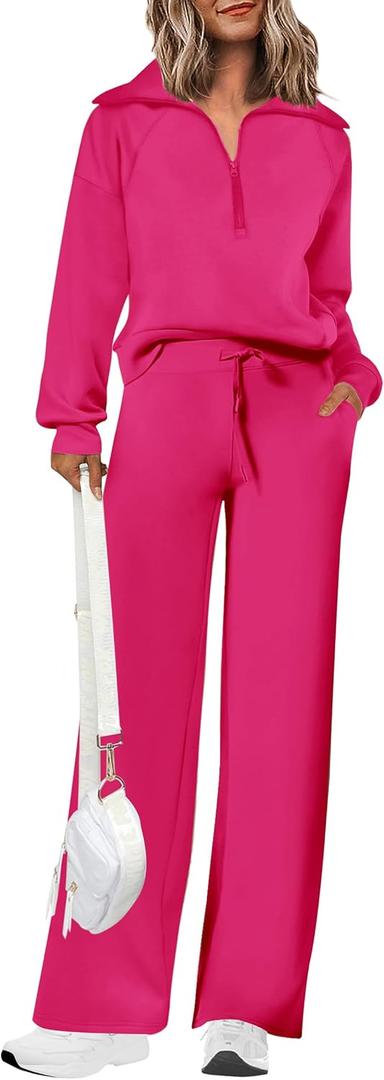 PRETTYGARDEN Women's 2 Piece Tracksuit Outfits Long Sleeve Half Zip Sweatshirt Sweatpants Lounge Set Sweatsuits (Rose Red,Medium)
